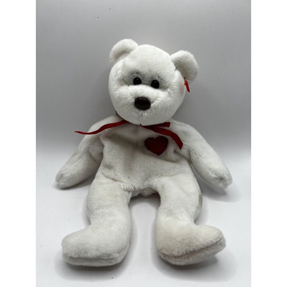 TY Beanie Baby Babies Stuffed Animal Plush White Bear Valentino 1993